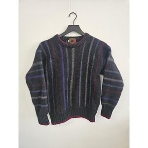 Vintage Boston Traders Sweater Medium Black Wool Striped Crewneck Hong Kong 90s